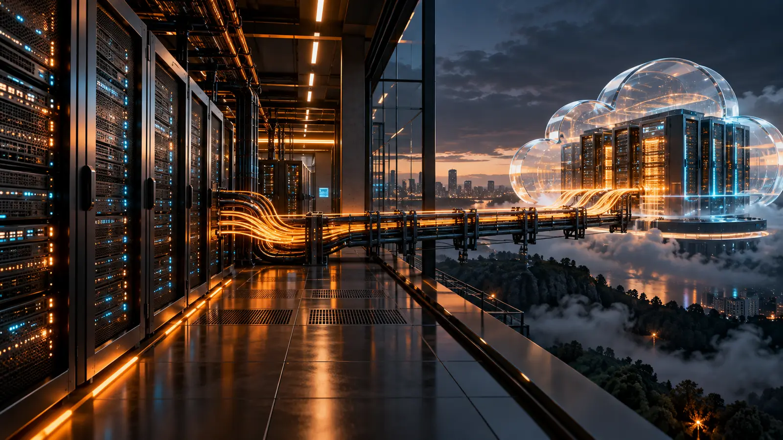 Lokalni data centar povezan sa cloud infrastrukturom narandžastim tokovima podataka